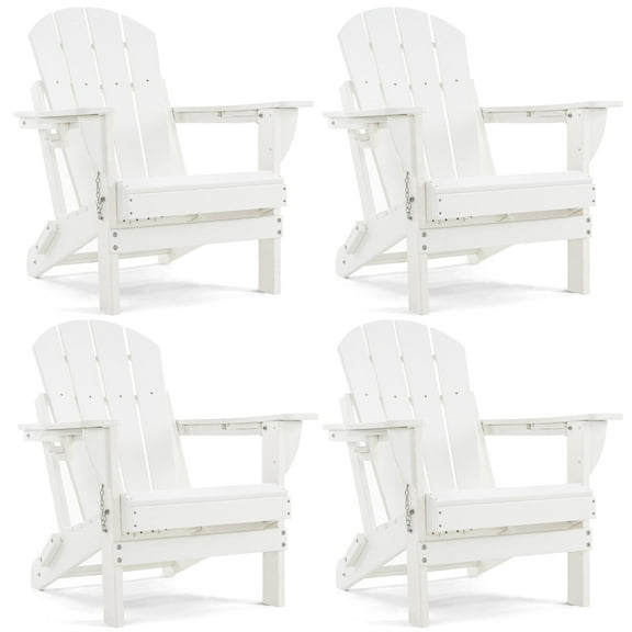 ENYLAY Folding Adirondack Chair with Dual Cup Holders & Phone Holder, All-Weather HDPE Fire Pit Chairs for Outdoor, Patio, Poolside, Garden(White,Set of 4)