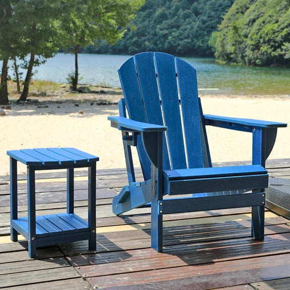 ENYLAY Folding Adirondack Chair Set with Side Table - HDPE Outdoor Patio Chairs, Weatherproof Chair with Reclining Back, and 2-Tier Storage End Table for Firepit or Garden (Blue，1 Chair＆1 Table)