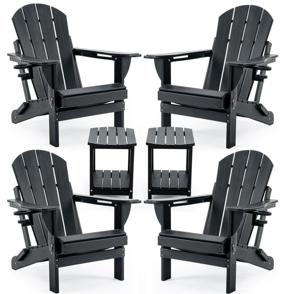 ENYLAY Folding Adirondack Chair Set with Side Table - HDPE Outdoor Patio Chairs, Weatherproof Chair with Reclining Back, and 2-Tier Storage End Table for Firepit or Garden (Black，4 Chair＆2 Table)