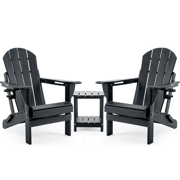 ENYLAY Folding Adirondack Chair Set with Side Table - HDPE Outdoor Patio Chairs, Weatherproof Chair with Reclining Back, and 2-Tier Storage End Table for Firepit or Garden (Black，2 Chair＆1 Table)
