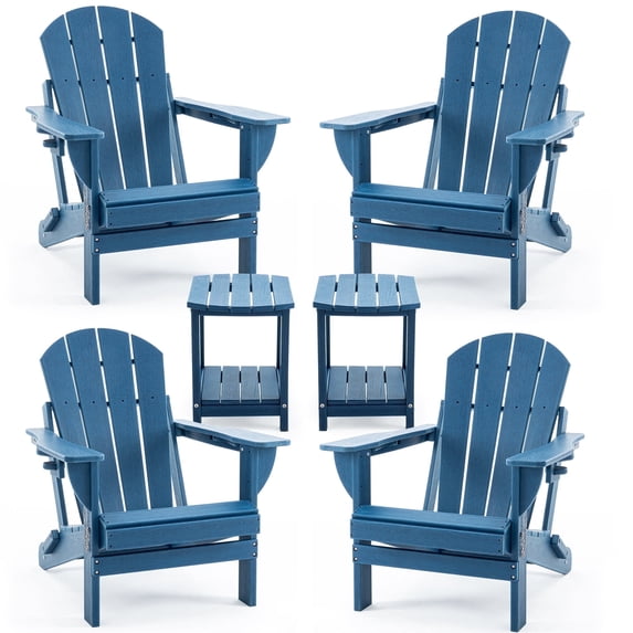ENYLAY Folding Adirondack Chair Set with Side Table - HDPE Outdoor Patio Chairs, Weatherproof Chair with Reclining Back, and 2-Tier Storage End Table for Firepit or Garden (Blue,4 Chair&2 Table)
