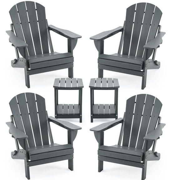 ENYLAY Folding Adirondack Chair Set with Side Table - HDPE Outdoor Patio Chairs, Weatherproof Chair with Reclining Back, and 2-Tier Storage End Table for Firepit or Garden (Grey,4 Chair&2 Table)