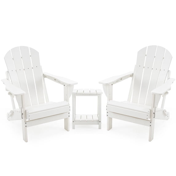ENYLAY Folding Adirondack Chair Set with Side Table - HDPE Outdoor Patio Chairs, Weatherproof Chair with Reclining Back, and 2-Tier Storage End Table for Firepit or Garden (White,2 Chair&1 Table)