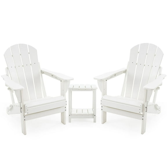 ENYLAY Folding Adirondack Chair Set with Side Table - HDPE Outdoor Patio Chairs, Weatherproof Chair with Reclining Back, and 2-Tier Storage End Table for Firepit or Garden (White,2 Chair&1 Table)