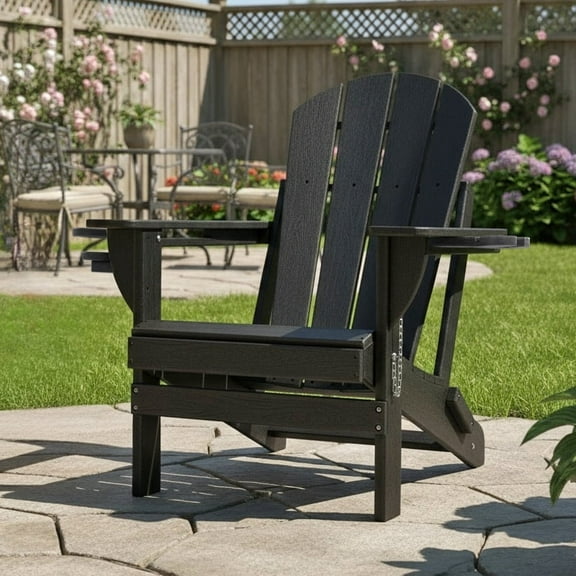 ENYLAY Folding Adirondack Chair with Dual Cup Holders & Phone Holder, All-Weather HDPE Fire Pit Chairs for Outdoor, Patio, Poolside, Garden(Black)