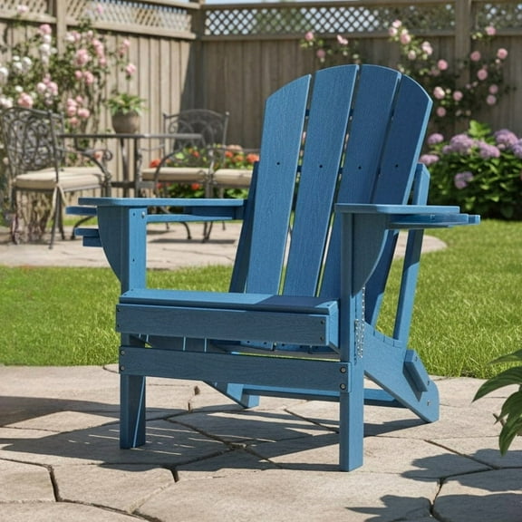 ENYLAY Folding Adirondack Chair with Dual Cup Holders & Phone Holder, All-Weather HDPE Fire Pit Chairs for Outdoor, Patio, Poolside, Garden(Blue)
