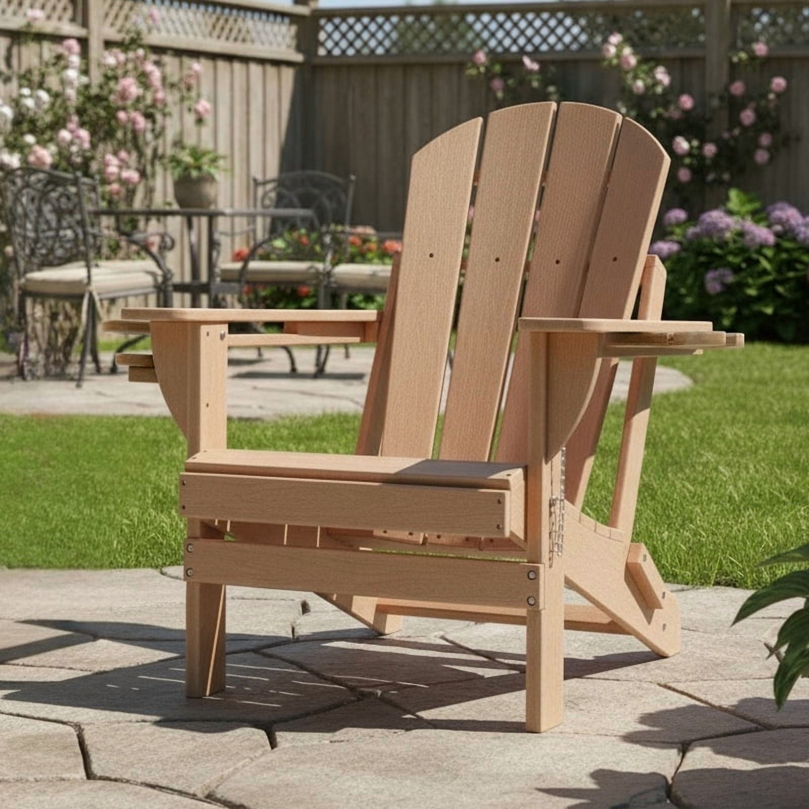 ENYLAY Folding Adirondack Chair with Dual Cup Holders & Phone Holder, All-Weather HDPE Fire Pit Chairs for Outdoor, Patio, Poolside, Garden(Brown)