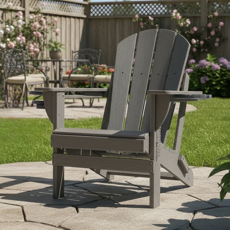 ENYLAY Folding Adirondack Chair with Dual Cup Holders & Phone Holder, All-Weather HDPE Fire Pit Chairs for Outdoor, Patio, Poolside, Garden(Grey)