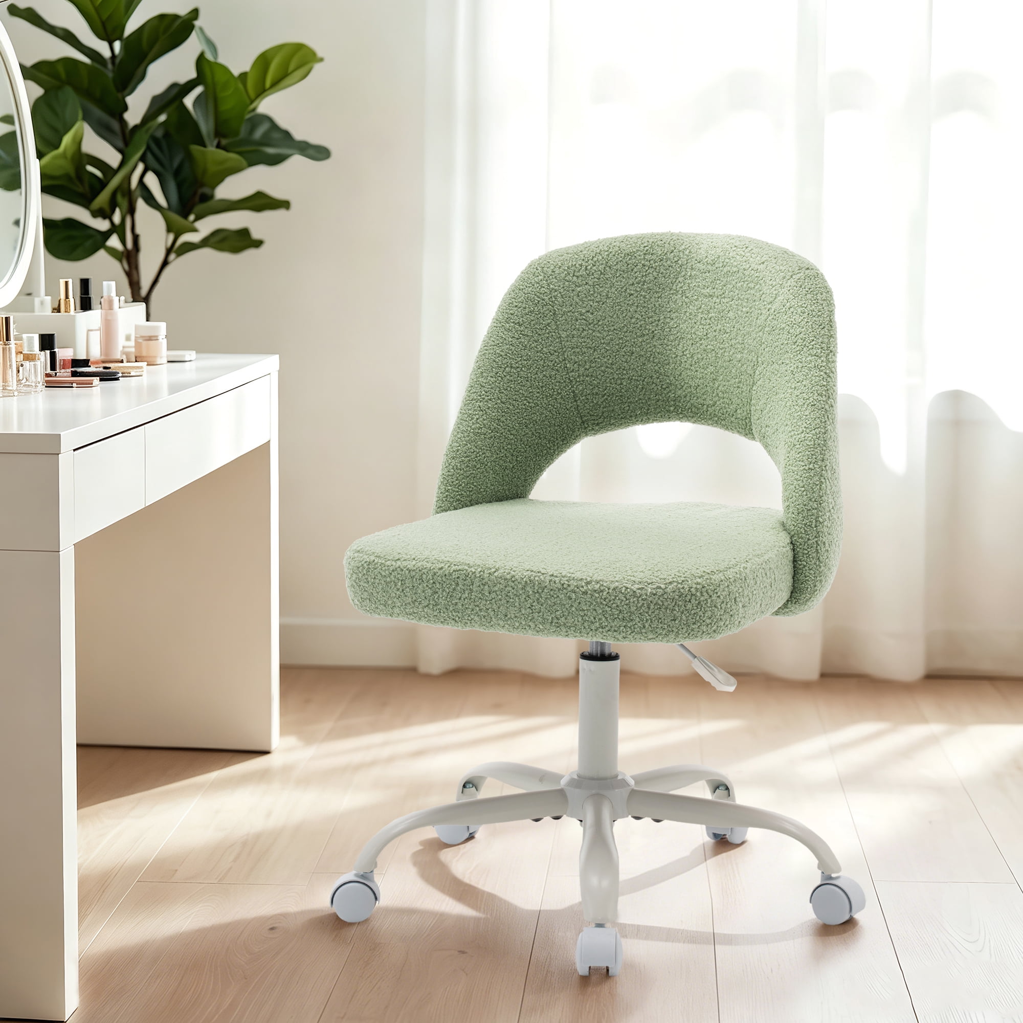 ENYLAY Green Fluffy Teddy Fleece Vanity Chair, Height Adjustable 360° Swivel Rolling Desk Chair, Ergonomic Upholstered Makeup Chair, Modern Cute Accent Chair for Bedroom Home Office Vanity Room
