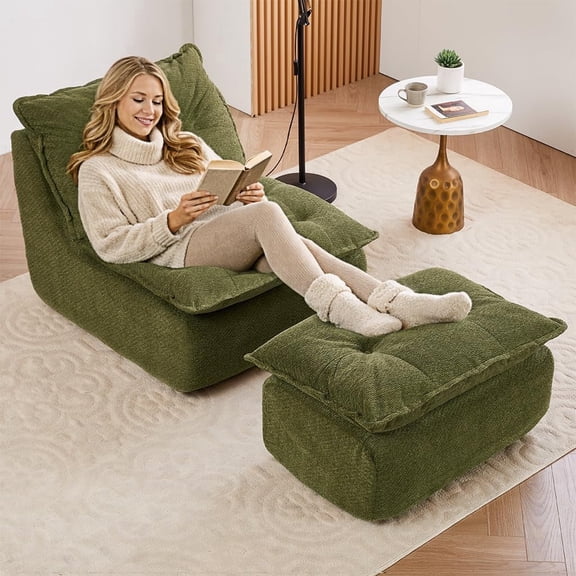 ENYLAY Single Chaise Lounge Chair, 62.2" Lazy Sofa Bean Bag Chair with Ottoman – Modern Boneless Floor Lounger for Bedroom or Living Room, Cozy Cloud Sleeper (Green)