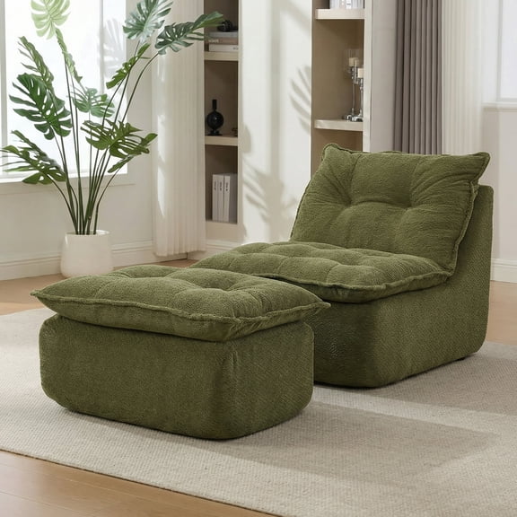 62.2 Inch Boneless Chaise Lounge Chair, Floor Sleeper Sofa with Ottoman, No Assembly Required, Modern Cozy Cloud Lounger, Green