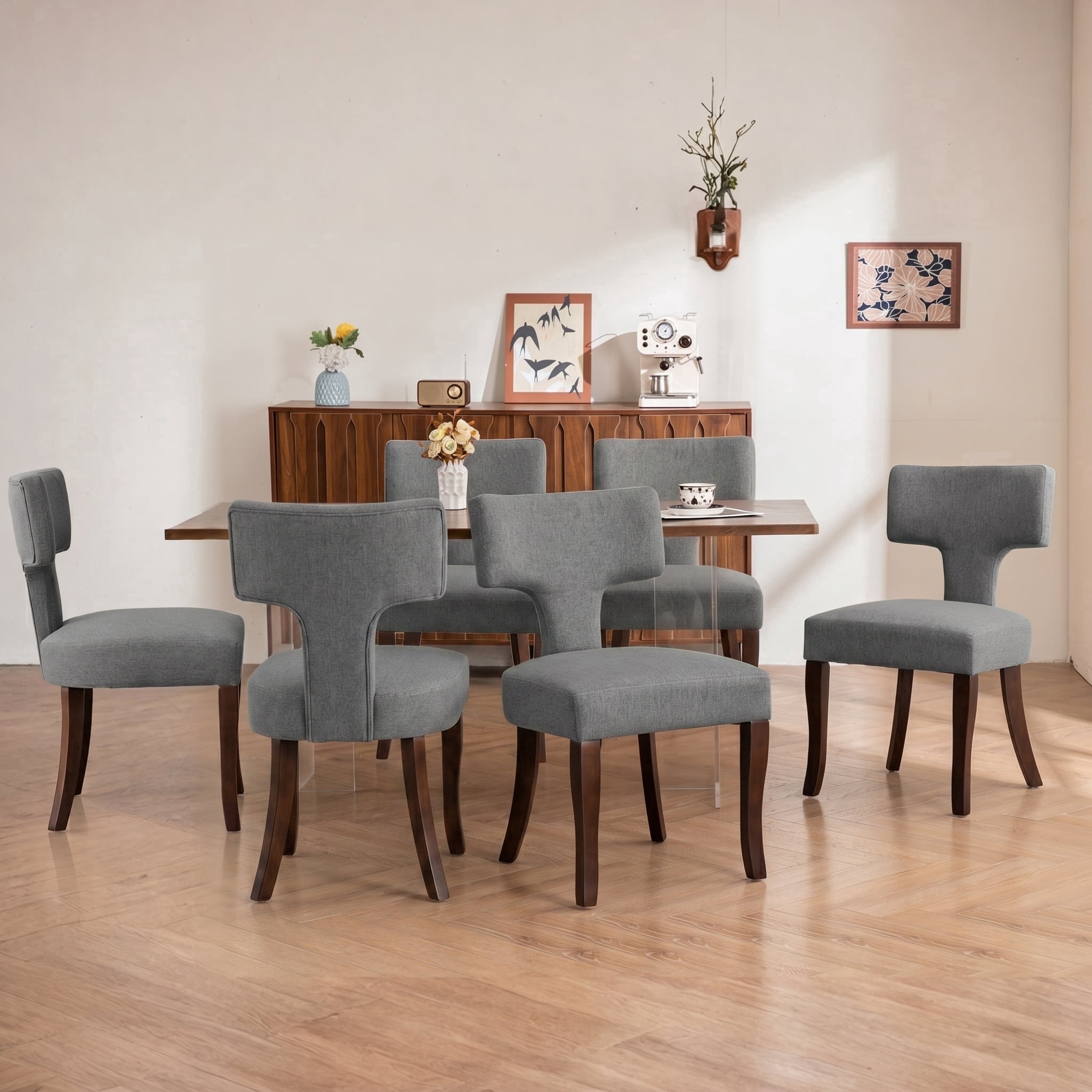 Mid Century Modern Wooden Dining Chairs Set of 6, Upholstered Side Dining Chairs with Curved Back Linen Fabric Armless Wood Chairs Kitchen & Dining Room Farmhouse Chairs (Gray)