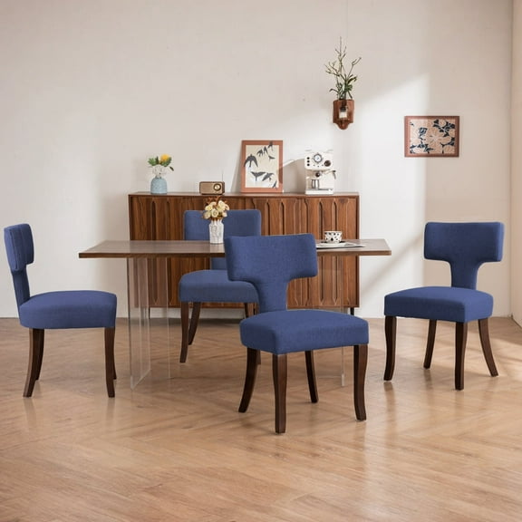 Mid Century Modern Dining Chairs Set of 4, Upholstered Side Dining Chairs with Curved Back Linen Fabric Armless Wood Chairs Kitchen & Dining Room Farmhouse Chairs (Blue)