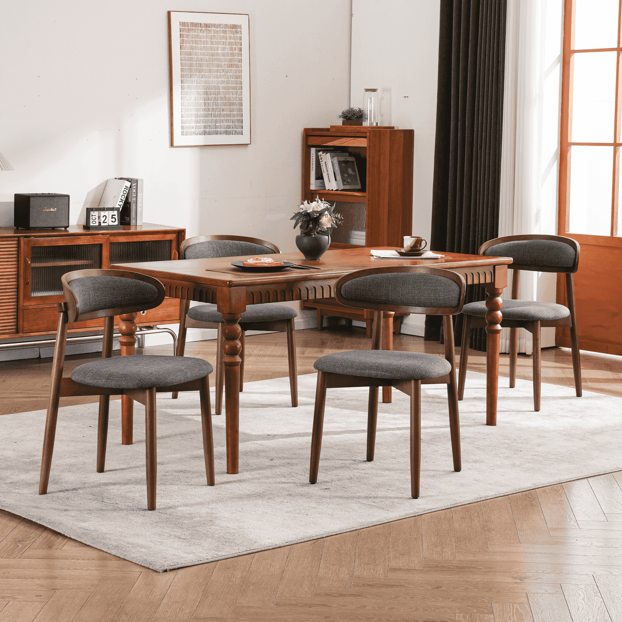 ENYLAY Mid-Century Modern Farmhouse Dining Chairs Set of 4, Armless Wooden Chairs with Upholstered Seat & Curved Backrest for Kitchen Dining Room (Gray)
