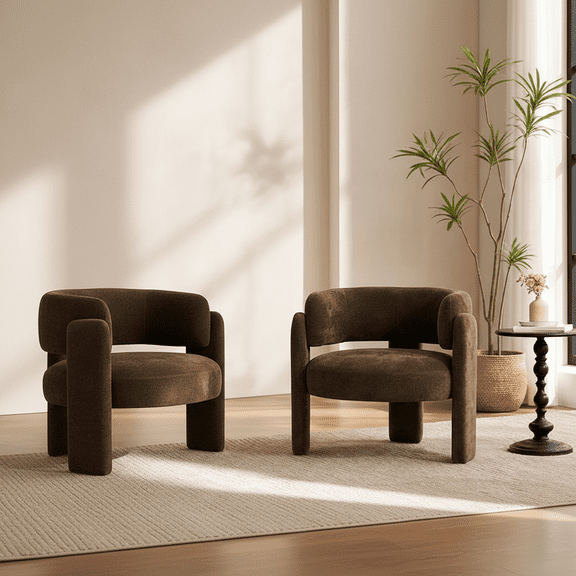 ENYLAY Mid Century Modern Accent Barrel Chair, Upholstered Sherpa Armchair with Curved Backrest & 3 Legs, Cozy Reading Chair for Bedroom Living Room (Brown,Set of 2)