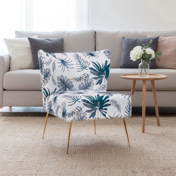 ENYLAY Tropical Palm Leaf Accent Chair with Gold Legs, Upholstered Armless Side Chair for Living Room Bedroom