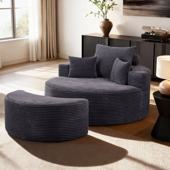 ENYLAY Modern Minimalist Ribbed Corduroy Cushion Back Modular and Comfortable Round Sofa with Footrest, Dark Gray