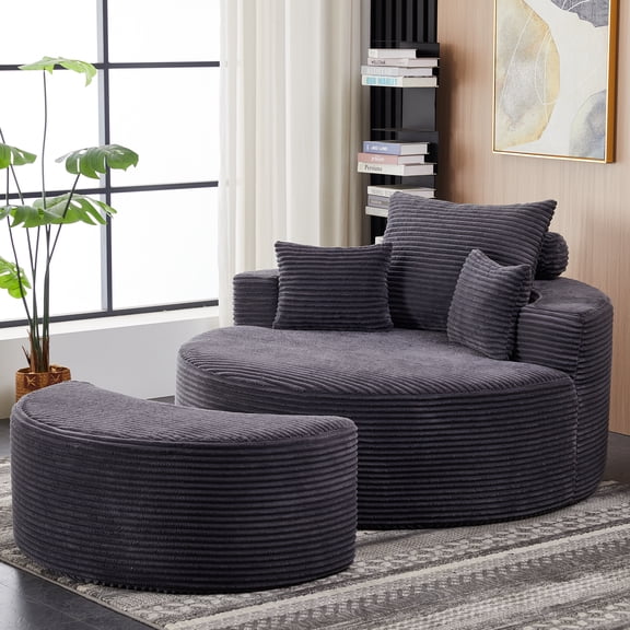 55.11" W Oversized Round Chaise Lounge Chair, Deep Seat Corduroy Cloud with Pillows, Moveable Ottoman and Blanket– Comfy Circle Loveseat Sofa Chair for Living Room or Bedroom (Grey)