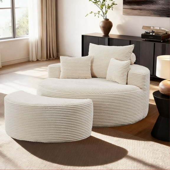 ENYLAY Modern Minimalist Ribbed Corduroy Cushion Back Modular and Comfortable Round Sofa with Footrest, biege