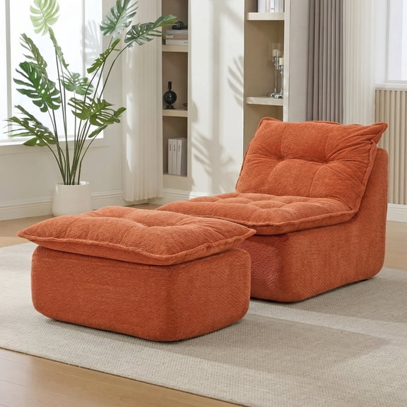 62.2 Inch Boneless Chaise Lounge Chair, Floor Sleeper Sofa with Ottoman, No Assembly Required, Modern Cozy Cloud Lounger, Orange