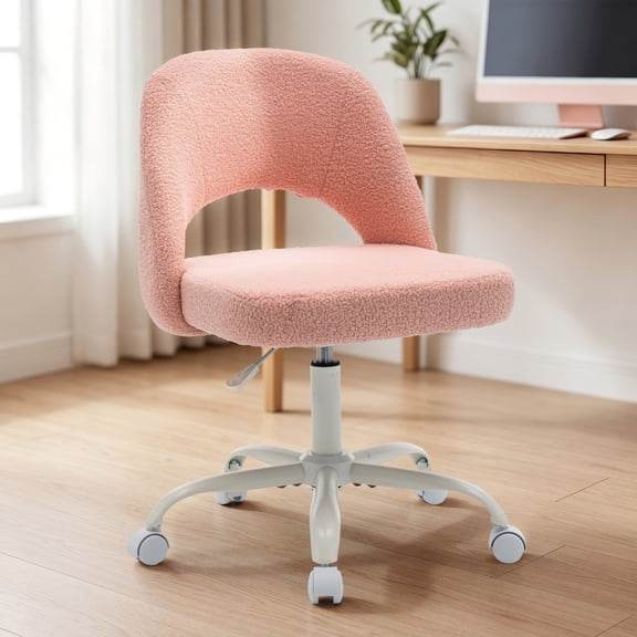ENYLAY Pink Fluffy Teddy Fleece Vanity Chair, Height Adjustable 360° Swivel Rolling Desk Chair, Ergonomic Upholstered Makeup Chair, Modern Cute Accent Chair for Bedroom Home Office Vanity Room