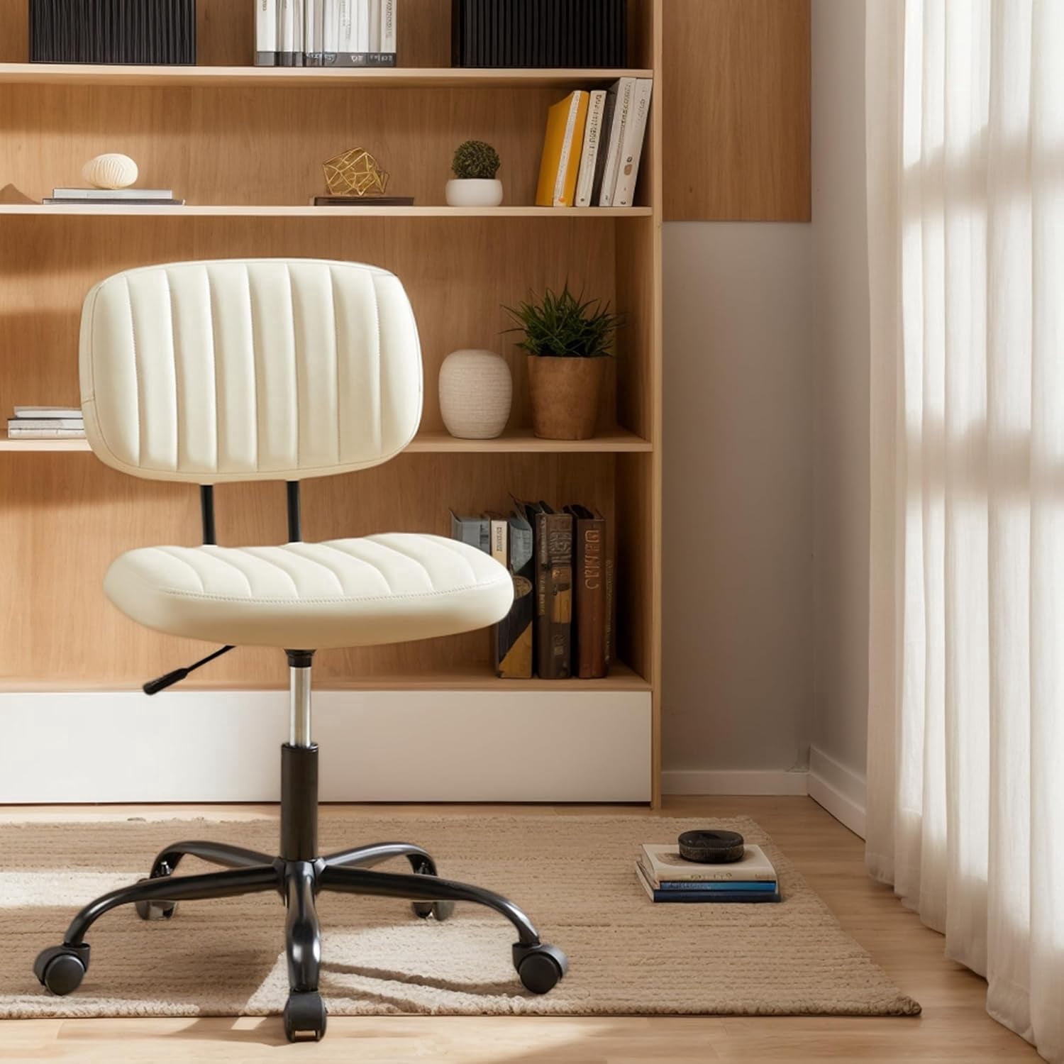 ENYLAY Small Armless Home Office Desk Chair, Ergonomic Cute Chair PU Leather with Adjustable Swivel Rolling Comfy Task Study Chair with Lumbar Support for Adult and Student, Bedroom (Beige White)