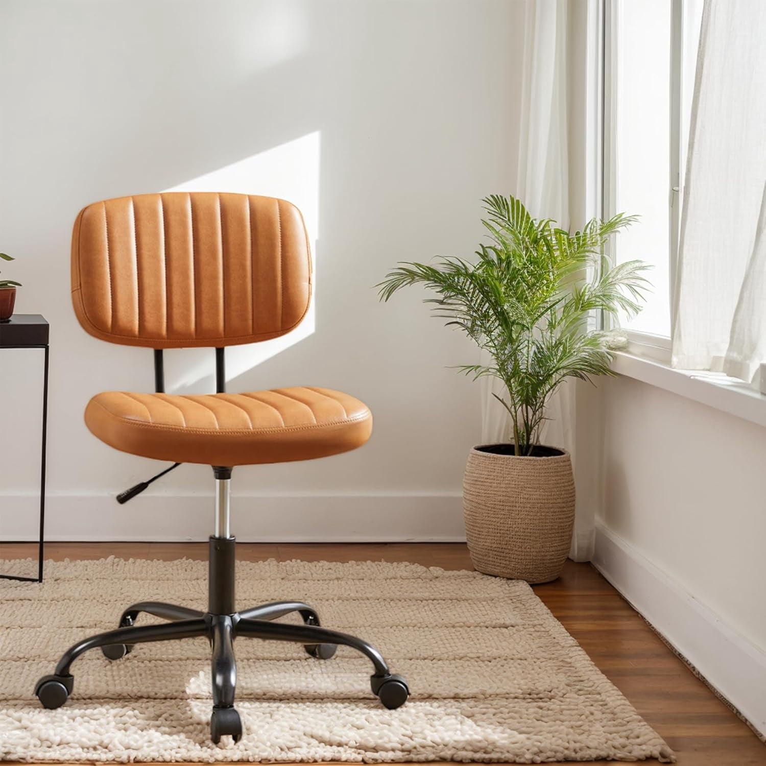 ENYLAY Small Armless Home Office Desk Chair, Ergonomic Cute Chair PU Leather with Adjustable Swivel Rolling Comfy Task Study Chair with Lumbar Support for Adult and Student, Bedroom (Brown)