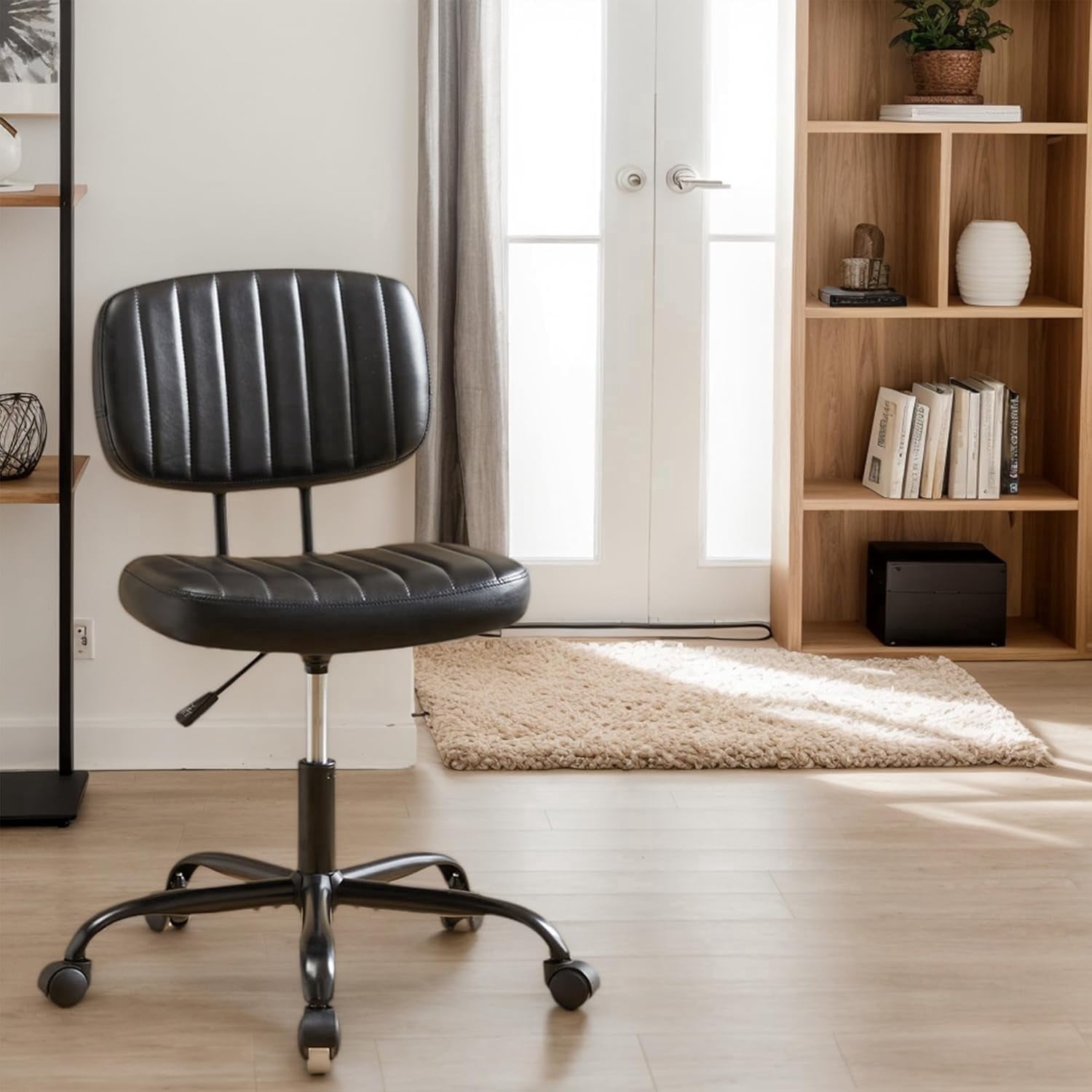 ENYLAY Small Armless Home Office Desk Chair, Ergonomic Cute Chair PU Leather with Adjustable Swivel Rolling Comfy Task Study Chair with Lumbar Support for Adult and Student, Bedroom (Black)