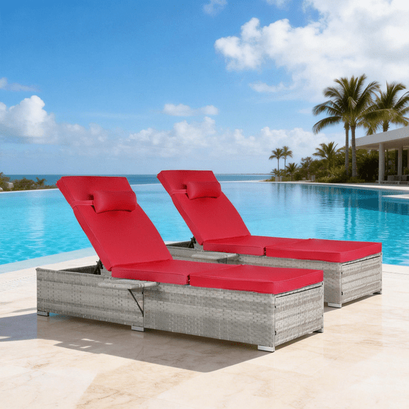 ENYOPRO Patio Lounge Chair Set, PE Rattan Poolside Chairs with Cushions, Adjustable Backrest, 600 lbs Weight Capacity, Outdoor Furniture for Backyard, Garden, Sunbathing,Red