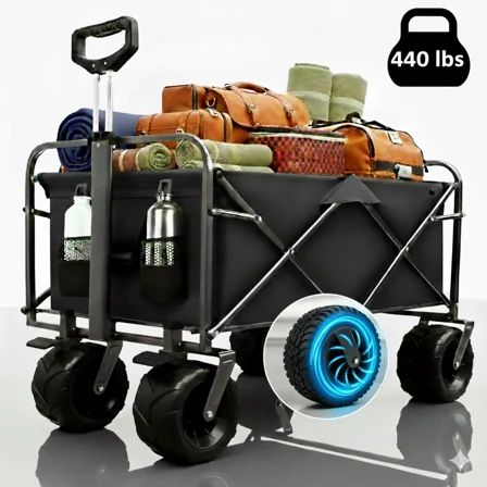 ENYOPRO 440LBS Collapsible Wagon Cart, Heavy Duty Foldable Beach Wagon for Sand w/ Big Wheels, Portable Folding Utility 600D Oxford Cloth Cart with Cup Holder, Extra Pocket, Black