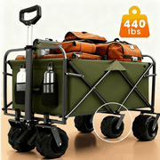 ENYOPRO 440LBS Collapsible Wagon Cart, Heavy Duty Foldable Beach Wagon for Sand w/ Big Wheels, Portable Folding Utility 600D Oxford Cloth Cart with Cup Holder, Extra Pocket, Green