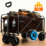 ENYOPRO 440LBS Collapsible Wagon Cart, Heavy Duty Foldable Beach Wagon for Sand w/ Big Wheels, Portable Folding Utility 600D Oxford Cloth Cart with Cup Holder, Extra Pocket, Black&Brown