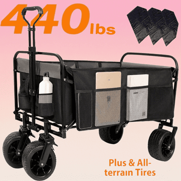 ENYOPRO 440LBS Collapsible Wagon Cart, Heavy Duty Foldable Beach Wagon for Sand w/ Big Wheels, Portable Folding Utility 600D Oxford Cloth Cart with Storage Bag, Cup Holder, Extra Pocket, Black&Gray