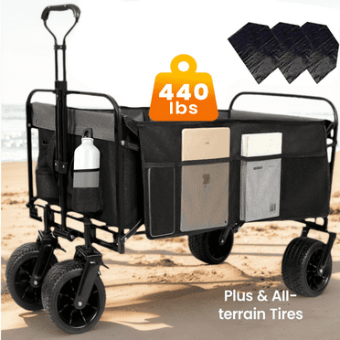 ENYOPRO 440LBS Collapsible Wagon Cart, Heavy Duty Foldable Beach Wagon for Sand w/ Big Wheels, Portable Folding Utility 600D Oxford Cloth Cart with Storage Bag, Cup Holder, Extra Pocket, Black&Gray