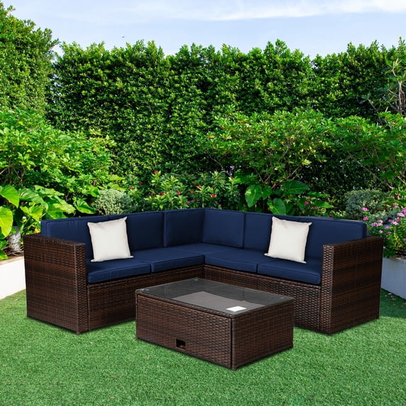 ENYOPRO 4 Pieces Patio Seating Sets, Brown Wicker Outdoor Furniture Sets with Storage Table and 2.76" Thickness Cushions, Perfect for Poolside Deck Backyard, TE2566