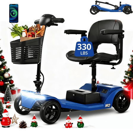 ENYOPRO 4 Wheel Electric Scooter for Adults, Foldable All-Terrain Mobility Scooter for Seniors with Bright Headlights, USB Port, Basket and Long-Range Battery, Blue