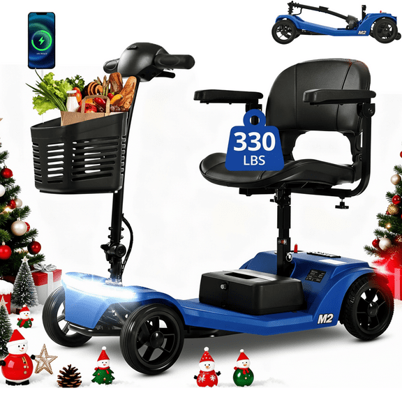 ENYOPRO 4 Wheel Electric Scooter for Adults, Foldable All-Terrain Mobility Scooter for Seniors with Bright Headlights, USB Port, Basket and Long-Range Battery, Blue