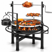 Seizeen Wood Fire Pit, 33 Round Charcoal Grill Firepit Combo, Outdoor Iron BBQ Grill with Adjustable Cooking Grate, Portable Camping Grill & Outdoor Fireplace for Backyard Patio Picnic