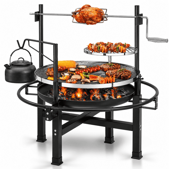 Seizeen Wood Fire Pit, 33'' Round Charcoal Grill Firepit Combo, Outdoor Iron BBQ Grill with Adjustable Cooking Grate, Portable Camping Grill & Outdoor Fireplace for Backyard Patio Picnic