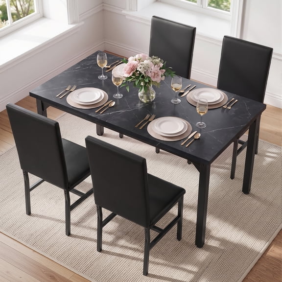 ENYOPRO 5 Piece Dining Table Set for 4, Modern Kitchen Table Set with 4 Leather Upholstered Chairs, Faux Marble Table and Chairs for Home Pub Bistro, Black