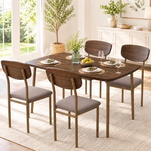 SESSLIFE 5 Pieces Dining Table Set, Modern Kitchen Wood Table and 4 Chairs for Breakfast Small Spaces, Walnut