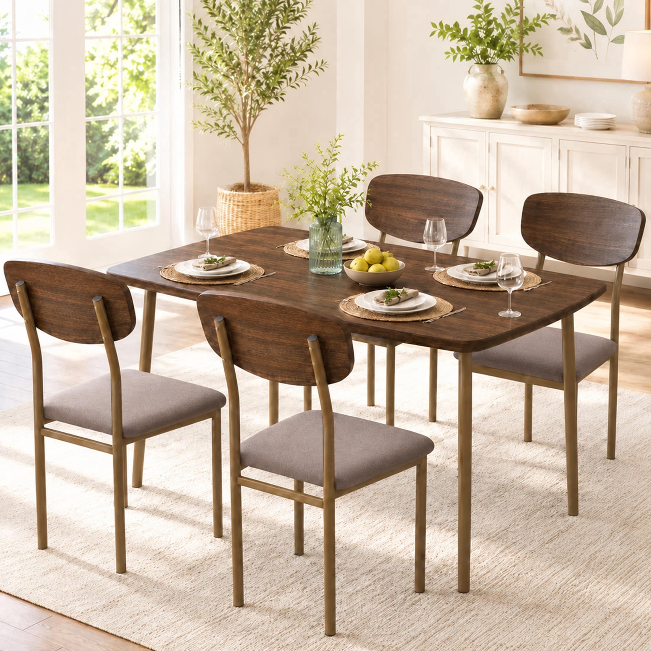 SESSLIFE 5 Pieces Dining Table Set, Modern Kitchen Wood Table and 4 Chairs for Breakfast Small Spaces, Walnut