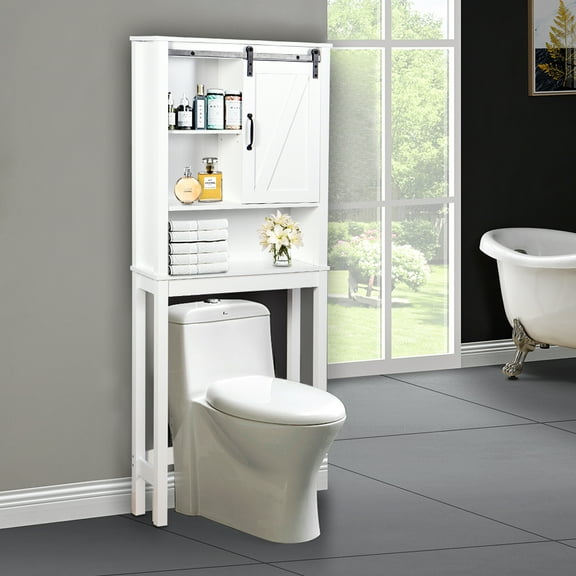 ENYOPRO Bathroom Above Toilet Cabinet, White MDF Storage Cabinet, Bathroom Storage Space Saver with Adjustable Shelf & A Barn Door, Over The Toilet Storage for Bathroom, K771