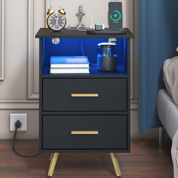 ENYOPRO Black Nightstand with Charging Station and RGB Light Strip, Smart LED Nightstand with 2 Drawers, Modern End Side Table, Bedside Table for Home and Office