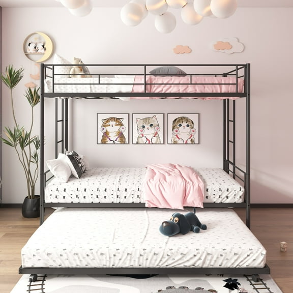 ENYOPRO Bunk Bed with Roll Out Trundle Bed Frame, Metal Bunk Bed Can Be Divided Into Two Twin Beds, Trundle Twin Bunk Bed with Ladders and Guardrails for Guest Room, Space Saving Bedroom Furniture