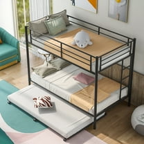 ENYOPRO Bunkbed with Roll Out Trundle Bed Frame, Twin Over Twin Metal Bunk Bed, Trundle Twin Bunk Bed with Ladders and Guardrails for Guest Room, Space Saving Bedroom Furniture, No Box Springs Needed