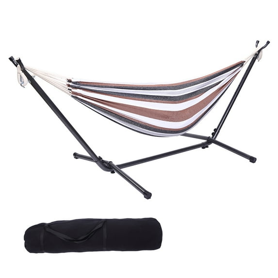 ENYOPRO Hammock with Stand, Brazilian Style Hammock Bed with 8.6ft Heavy Duty Steel Stand and Carrying Bag, Portable Double Hammock for Patio Balcony Deck Indoor Outdoor, Max Load 330lbs, Easy Set Up