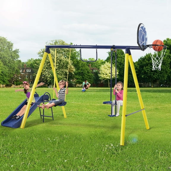 ENYOPRO Heavy Duty Combo Swing Set 5 in 1, Playground Swing Sets with Horizontal Bar & Seesaw Swing, Combo Swing Set w/ Slide Set & Basketball Hoop, Kids Mental Swing Sets for Backyard Park, T1200