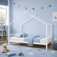 thumbnail image 1 of SESSLIFE Twin House Bed Frame White, Twin Floor Bed with Roof Frame, Montessori Style Metal Platform Bed with 18 Slats, No Box Spring Needed, 350 lb Support, 1 of 8