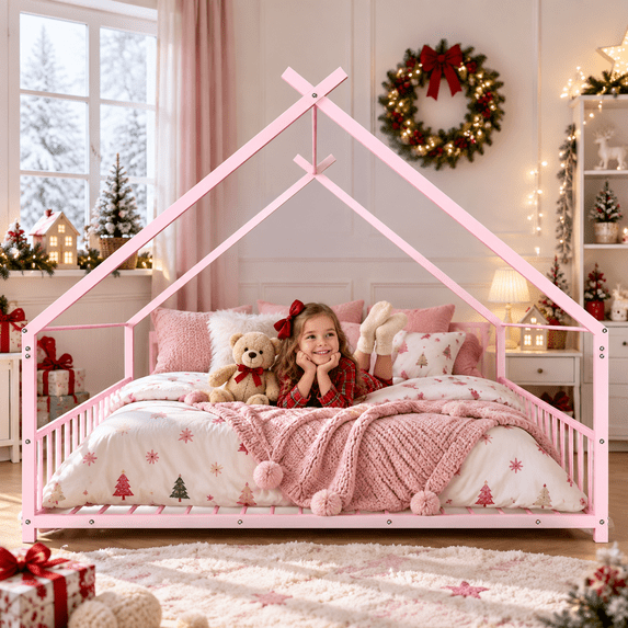 SESSLIFE Twin House Bed Frame, Low Profile Floor Bed with Roof Frame, Montessori Metal Platform Bed with Slats, No Box Spring Needed, 250 lb, Pink